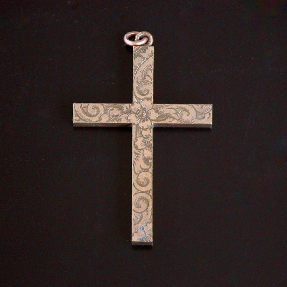 Antique Victorian Etched Gold Religious Cross Pendant
